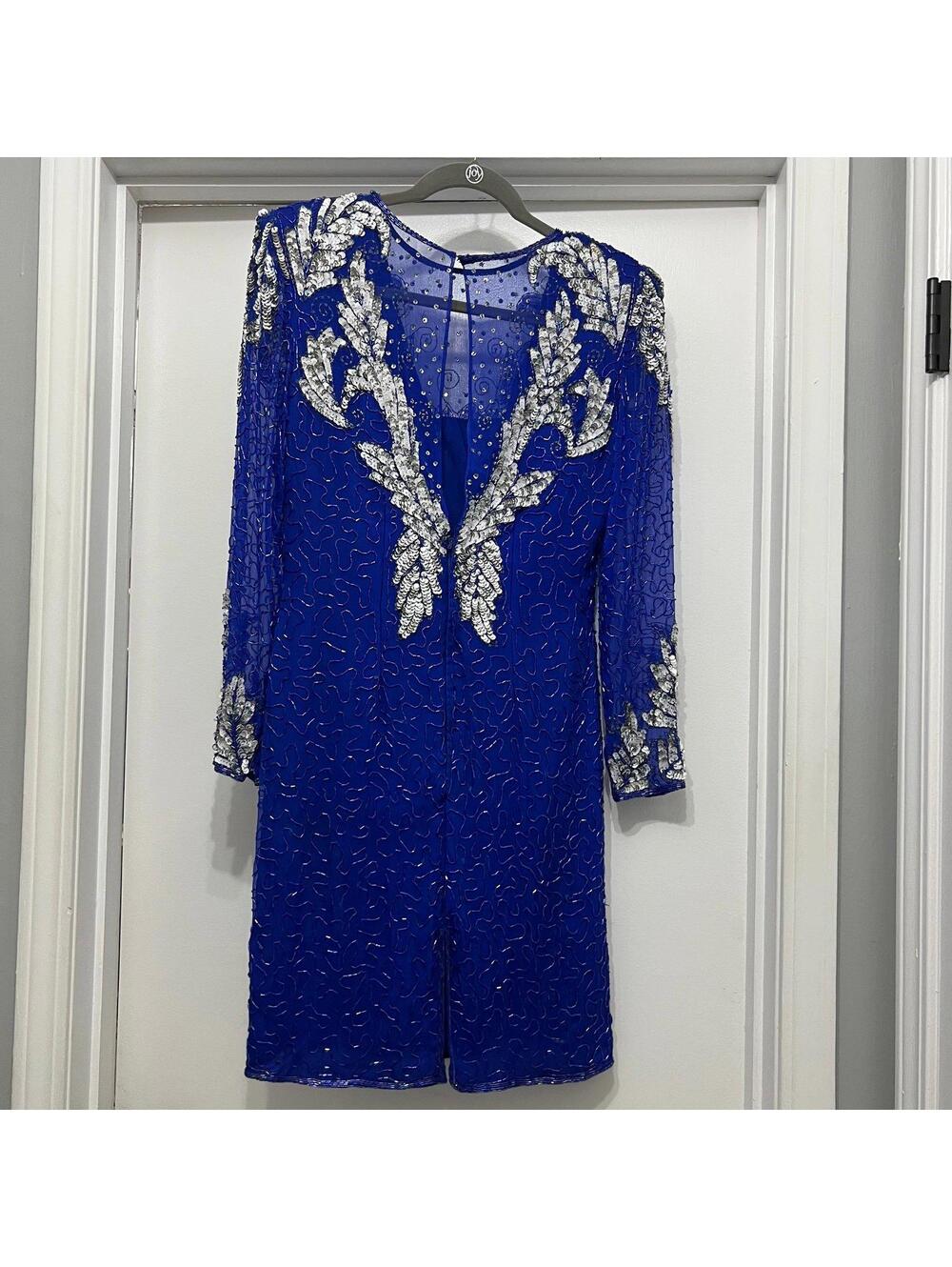 Vintage Laurence Kazar NY Blue Silk Beaded Sequined Dress size Small Petite